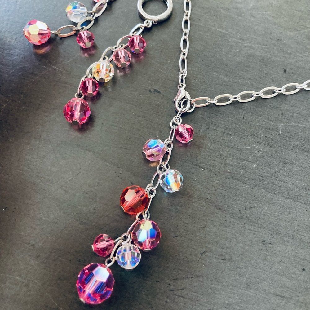 Pink Beaded Silver Chain Earrings Necklace Set